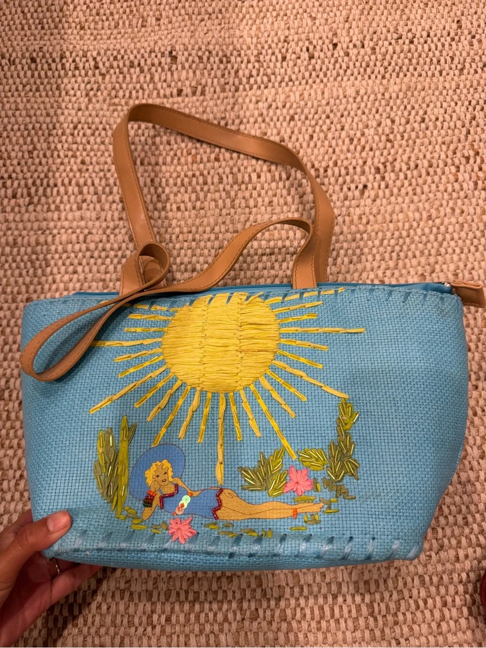 Vintage 90s/Y2K Embroidered Raffia Straw Tote Bag – Sunbathing Pinup Girl ☀️🏝️ - Picture 3 of 8
